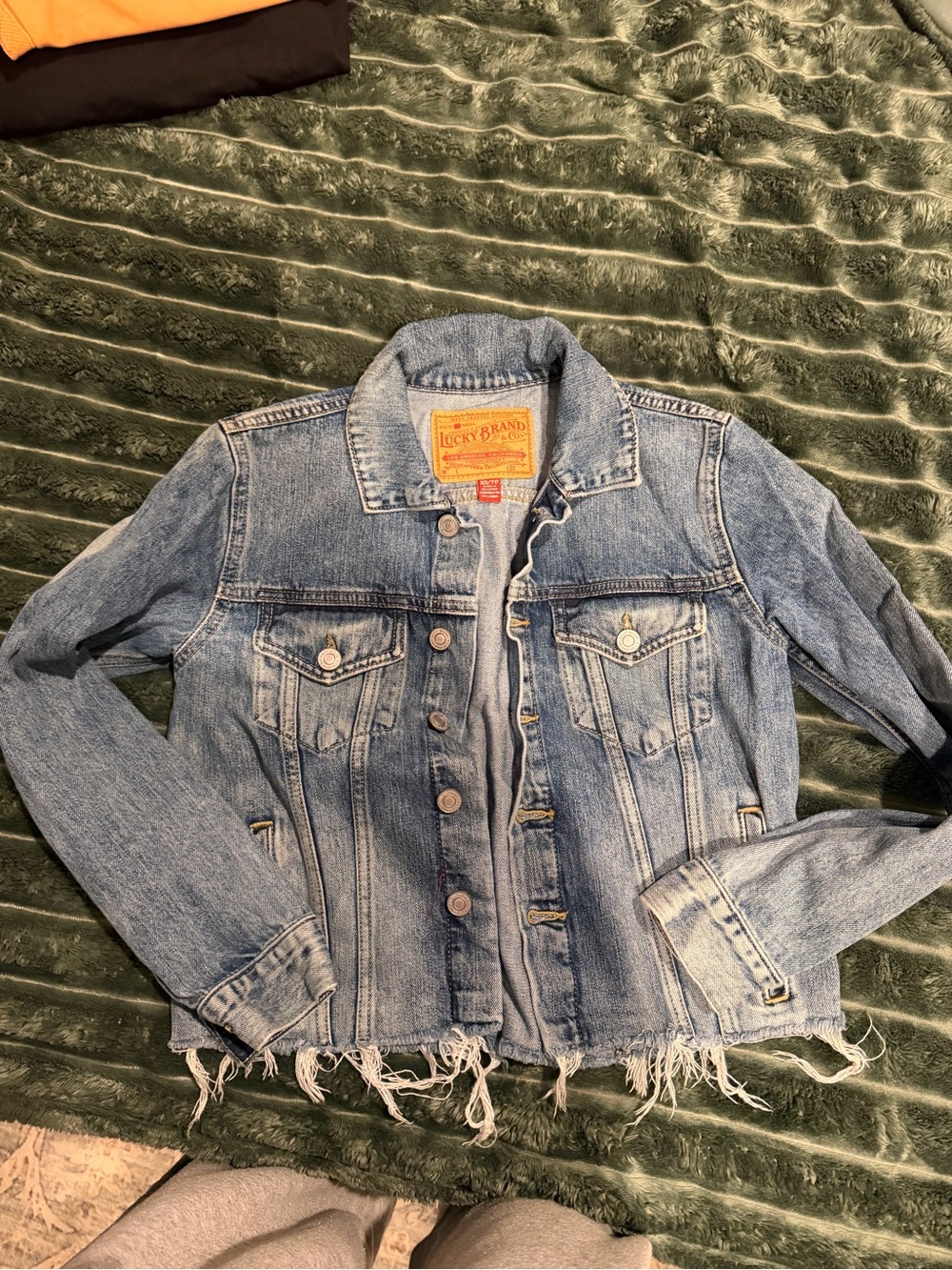Lucky Brand Light Blue Distressed Jean Jacket with Frayed Hem